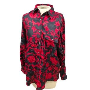 Silks Floral Damask Button Down Women SZ M Red Black Good Condition Silk Blouse